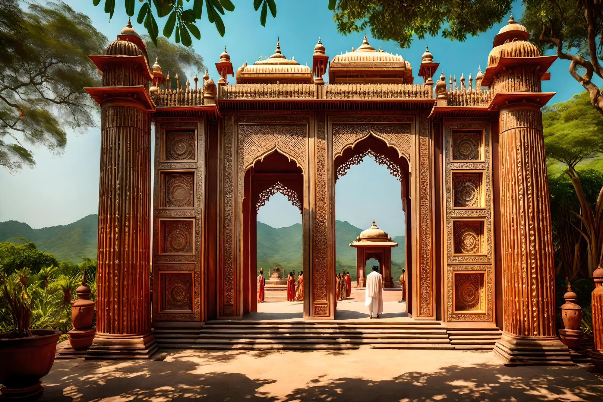 large wooden building with man walking through it in India