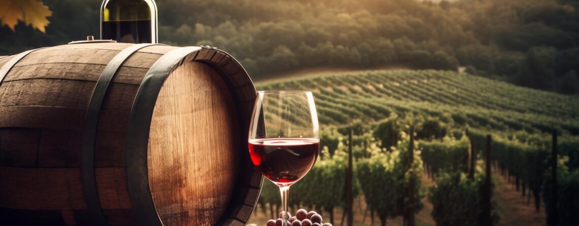 barrel wine sits table with bunch grapes background