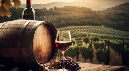 barrel wine sits table with bunch grapes background