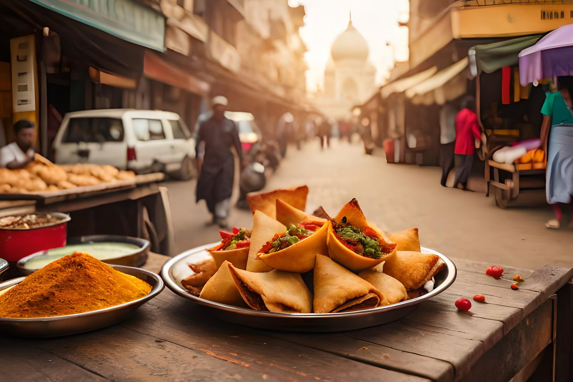 street scene with plate food table