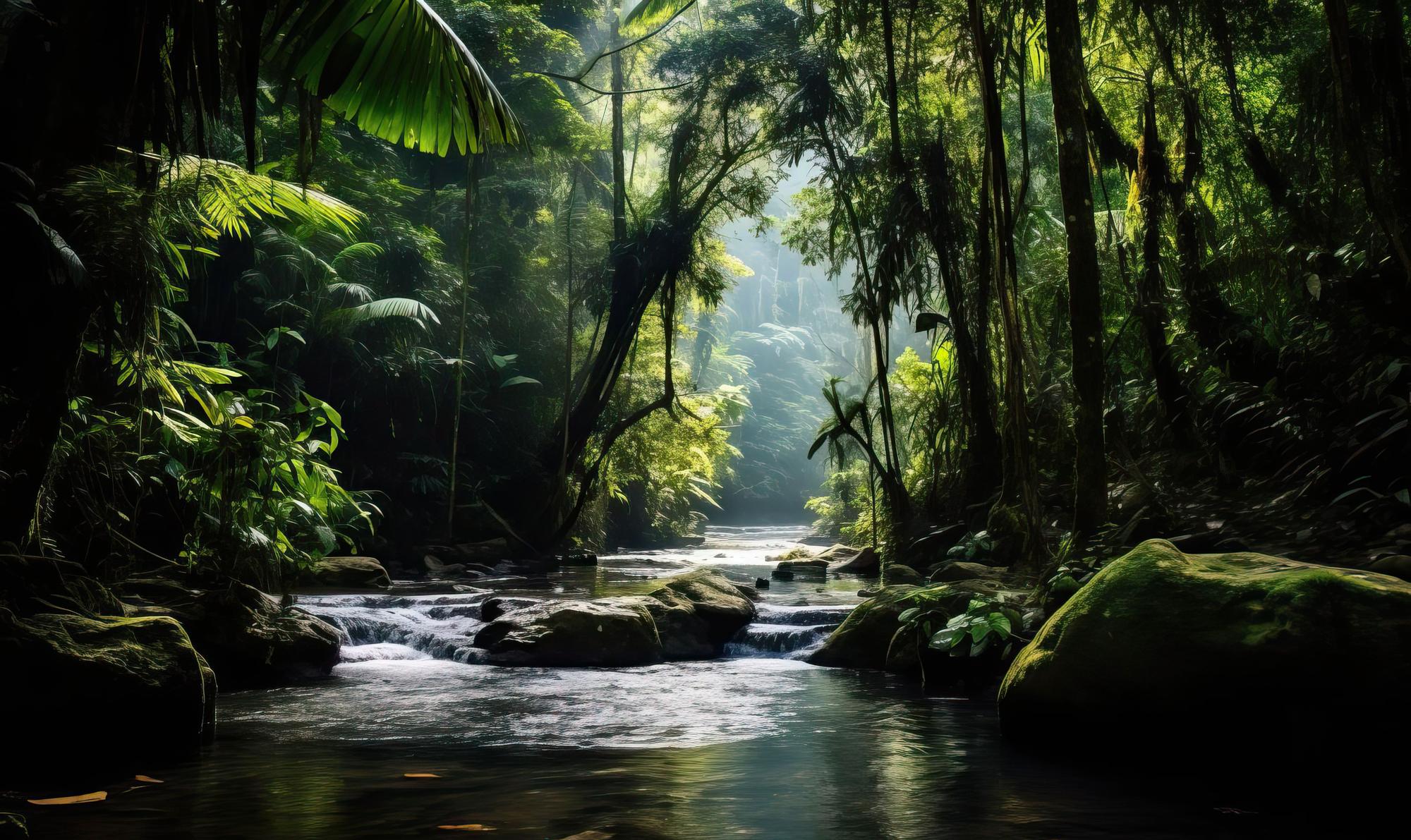 A jungle with trees and river