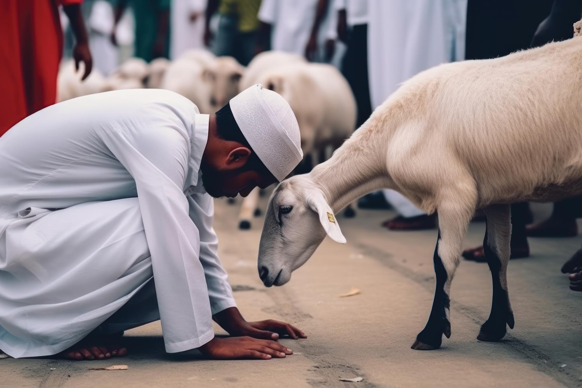 man white robe is petting sheep