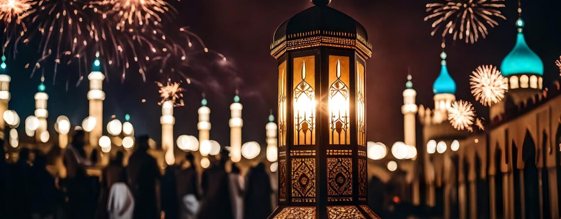 ramadan kareem eid mubarak royal elegant lamp with mosque holy gate with firew