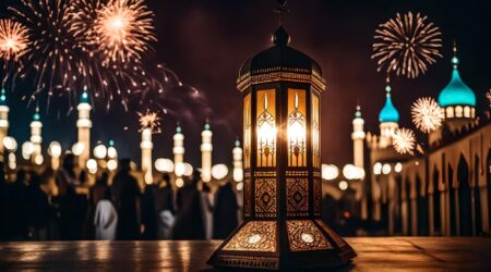 ramadan kareem eid mubarak royal elegant lamp with mosque holy gate with firew