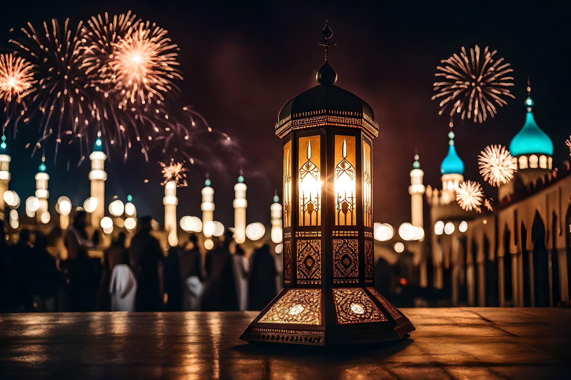 ramadan kareem eid mubarak royal elegant lamp with mosque holy gate with firew