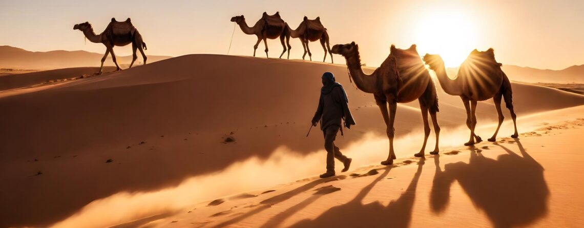 caravan camels led by person desert. Find cheap flights to Saudi Arabia.