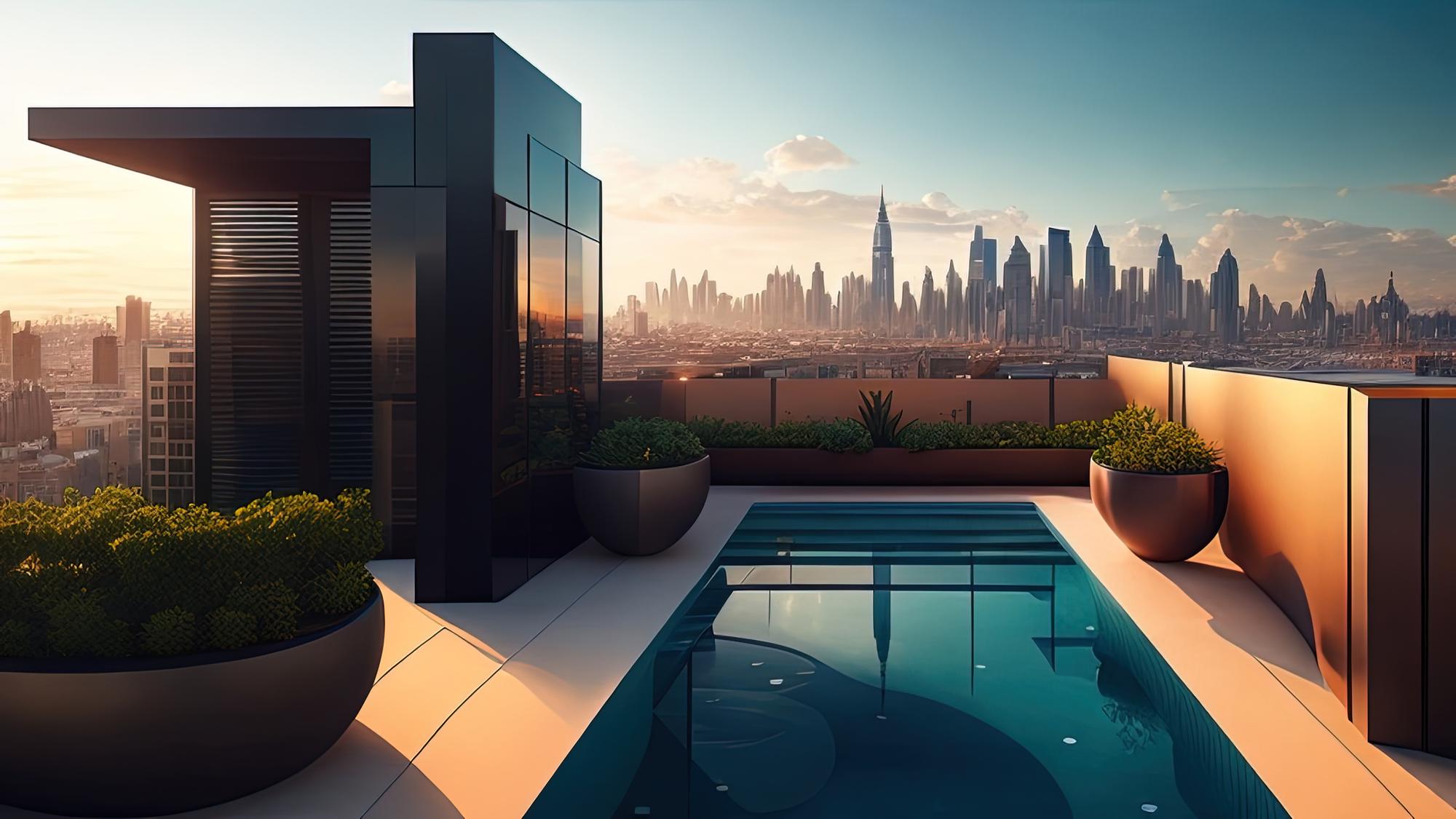 swimming-pool-with-city-skyline-sunset