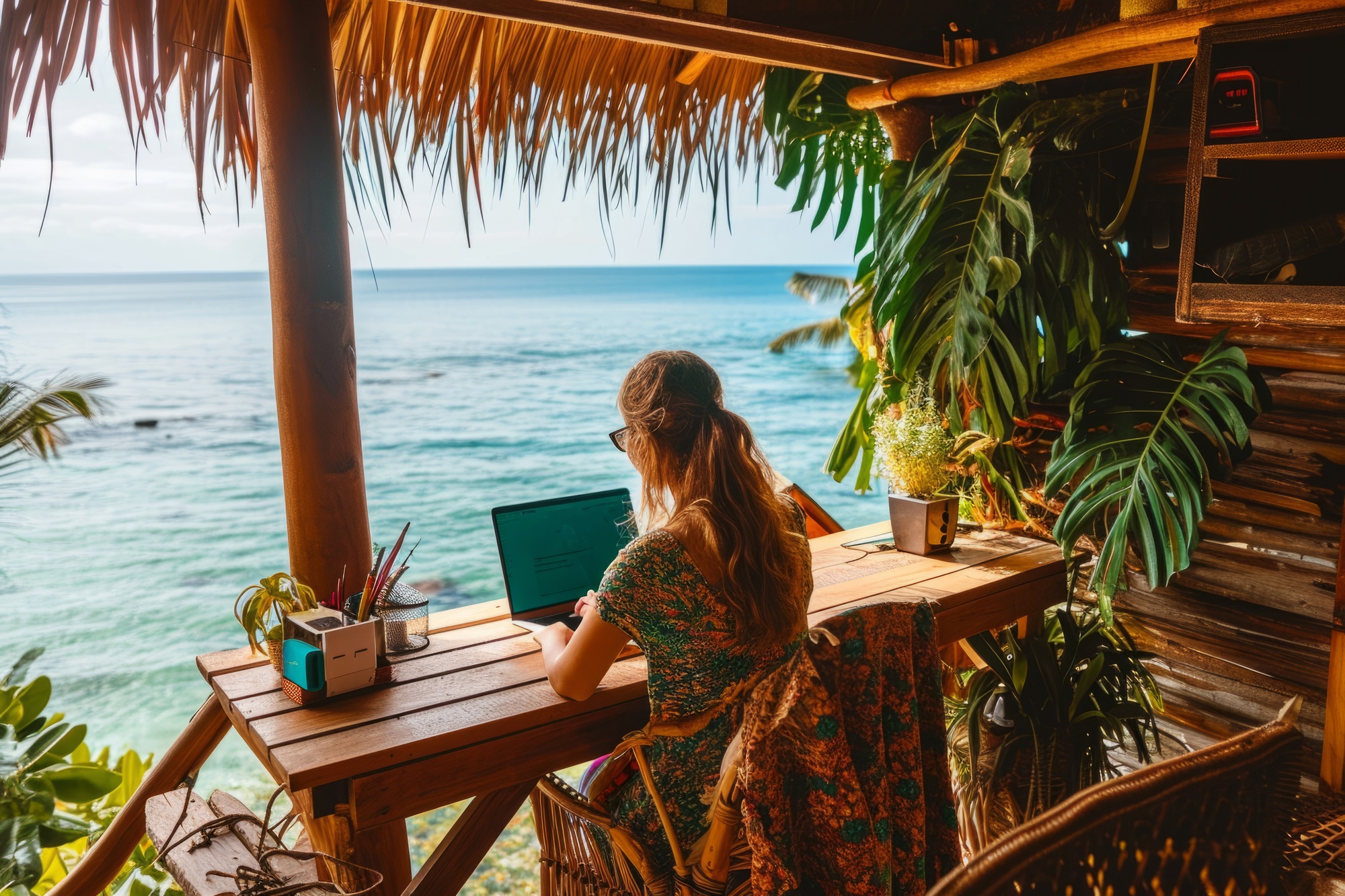 young woman working remotely from dreamy location