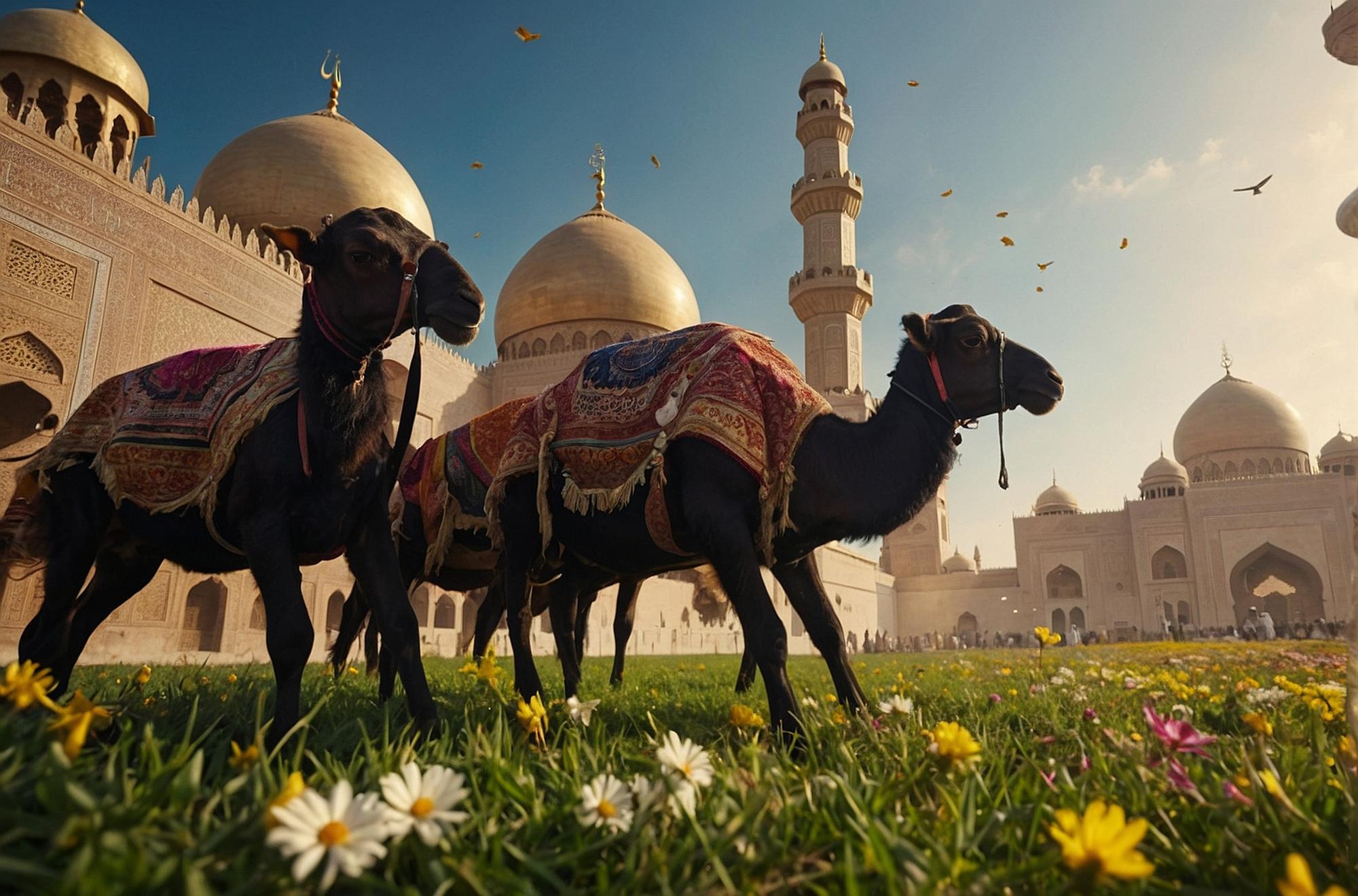 two camel front of mosque in Eid Al-Adha ceremony