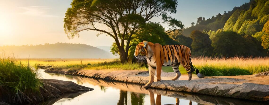 tiger standing river bank wild